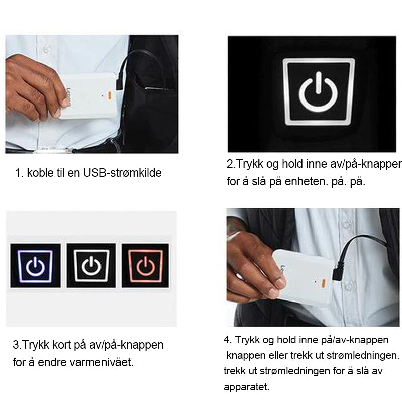 Oppvarmet jakke, vintervarm, USB-ladet