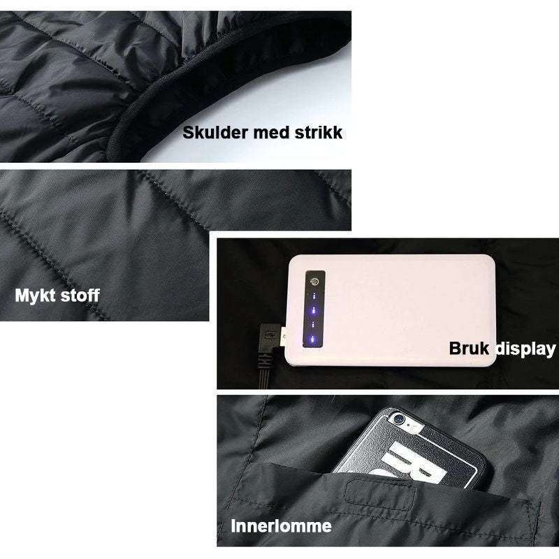 Oppvarmet jakke, vintervarm, USB-ladet