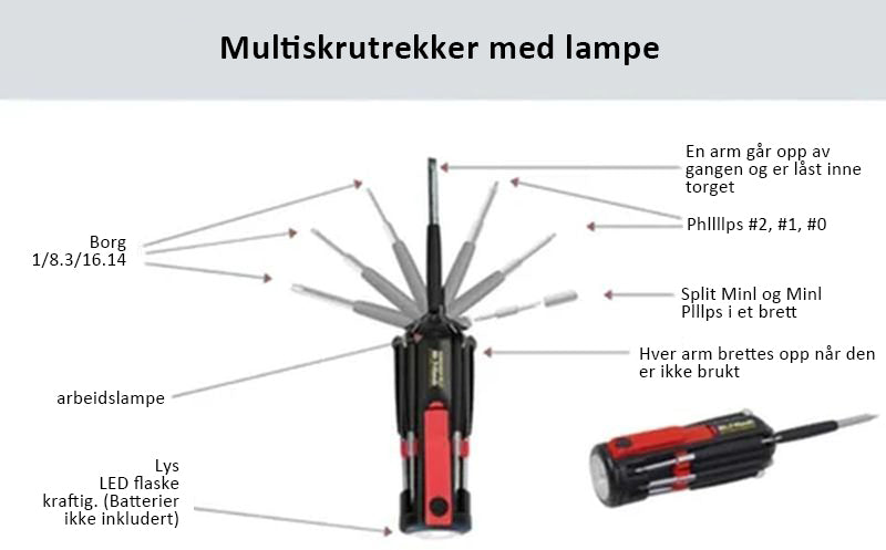 8 i 1 skrutrekker med arbeidslys og lommelykt