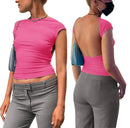 Sexy ryggløs kortermet T-skjorte for kvinner